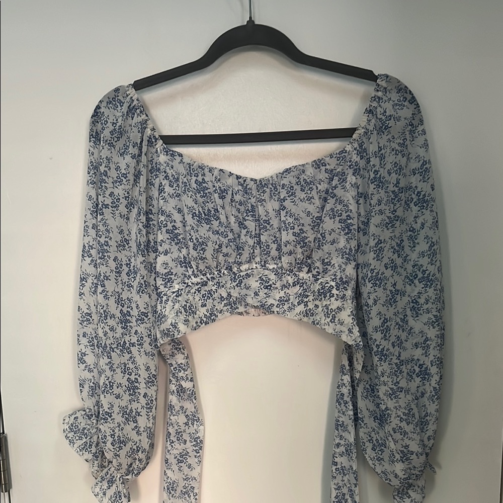 Blue Floral Off-Shoulder Tie-Back Top